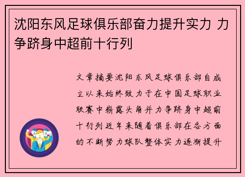沈阳东风足球俱乐部奋力提升实力 力争跻身中超前十行列