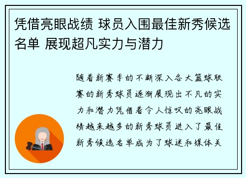 凭借亮眼战绩 球员入围最佳新秀候选名单 展现超凡实力与潜力