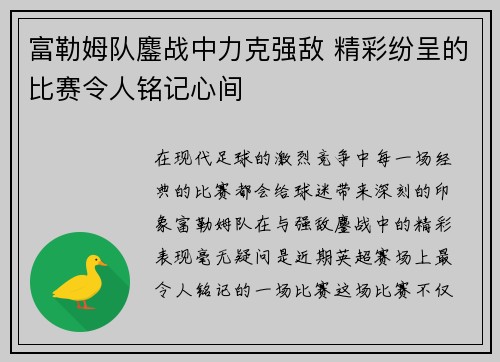 富勒姆队鏖战中力克强敌 精彩纷呈的比赛令人铭记心间