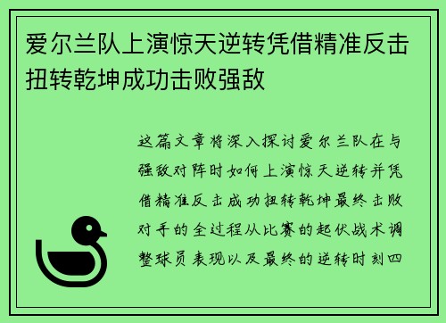 爱尔兰队上演惊天逆转凭借精准反击扭转乾坤成功击败强敌