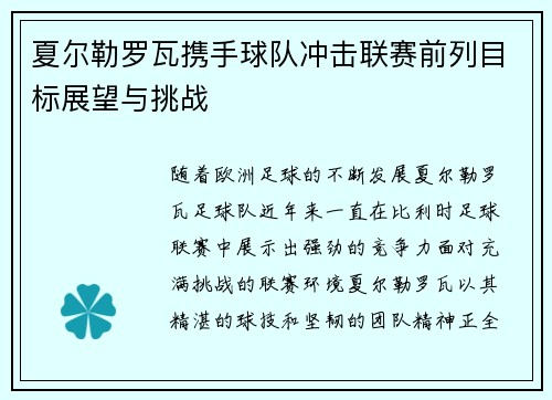 夏尔勒罗瓦携手球队冲击联赛前列目标展望与挑战