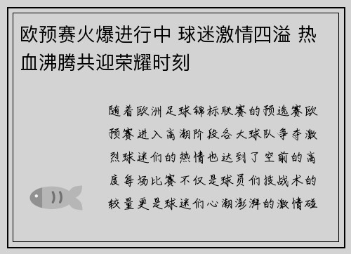 欧预赛火爆进行中 球迷激情四溢 热血沸腾共迎荣耀时刻