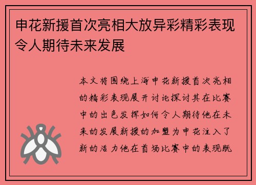 申花新援首次亮相大放异彩精彩表现令人期待未来发展