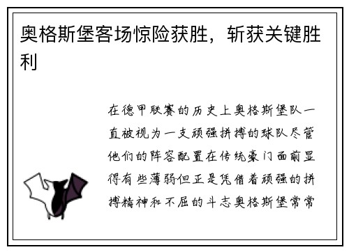 奥格斯堡客场惊险获胜，斩获关键胜利