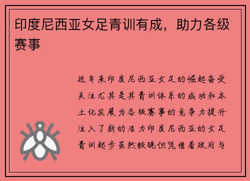 印度尼西亚女足青训有成，助力各级赛事