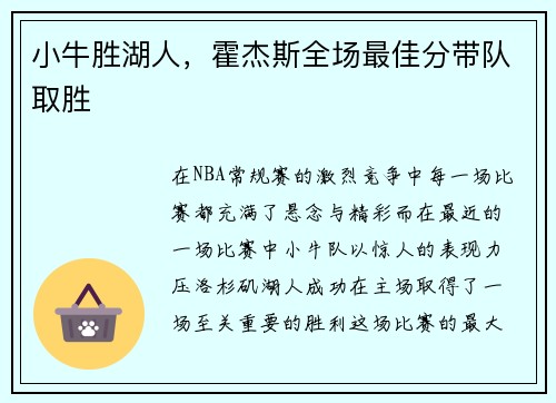 小牛胜湖人，霍杰斯全场最佳分带队取胜