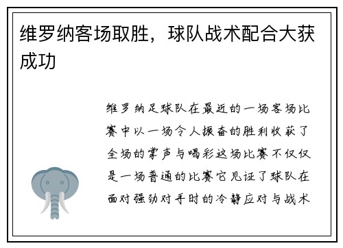 维罗纳客场取胜，球队战术配合大获成功