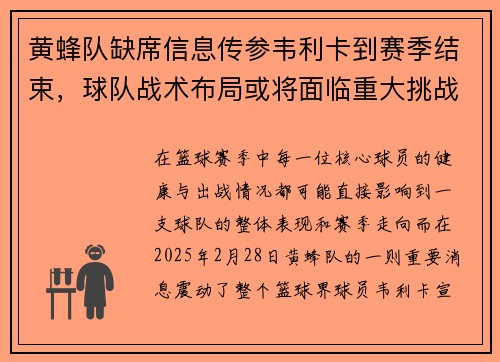 黄蜂队缺席信息传参韦利卡到赛季结束，球队战术布局或将面临重大挑战