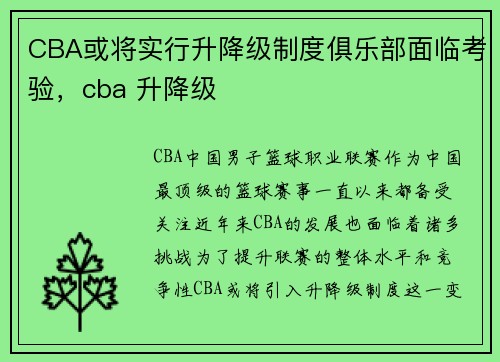 CBA或将实行升降级制度俱乐部面临考验，cba 升降级