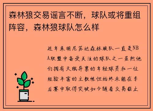 森林狼交易谣言不断，球队或将重组阵容，森林狼球队怎么样