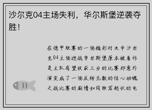 沙尔克04主场失利，华尔斯堡逆袭夺胜！
