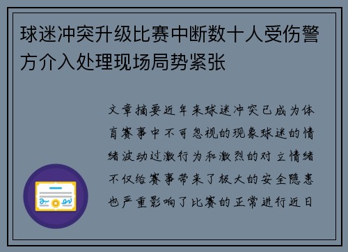 球迷冲突升级比赛中断数十人受伤警方介入处理现场局势紧张
