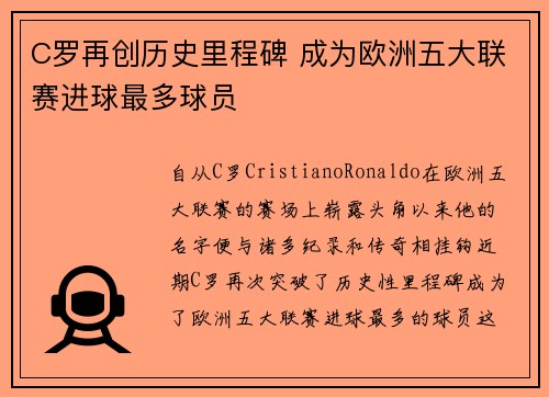 C罗再创历史里程碑 成为欧洲五大联赛进球最多球员